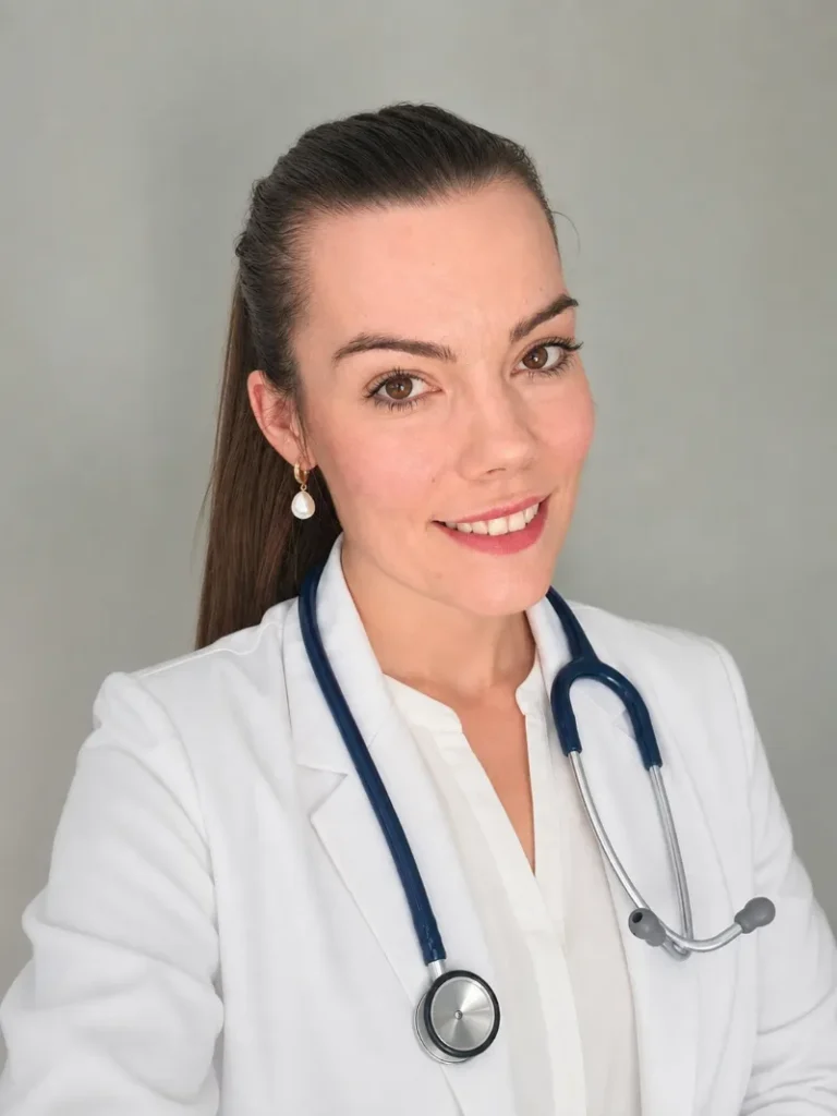 Lekarka psychiatrii w białym fartuchu ze stetoskopem, portret specjalistki do konsultacji medyczno-psychiatrycznych